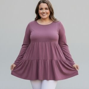 Emerald Mini Long Sleeve Dress Women's 2X Mauve Tiered Rosette Babydoll